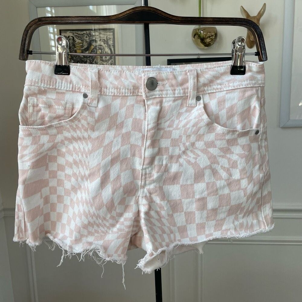 RSQ Pink White Psychedelic Grid Cutoff Denim Shorts 25